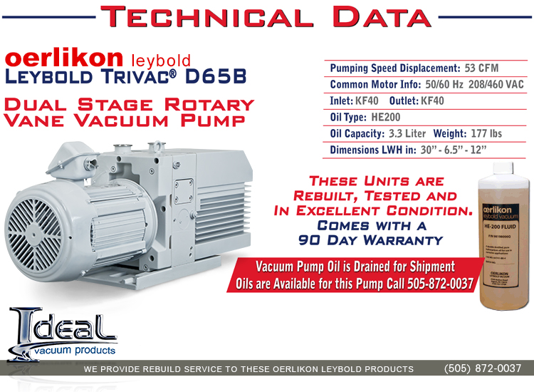 Leybold D65 D65B Trivac Rotary Vane Dual Stage Mechanical Vacuum Pump ...