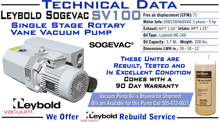 Leybold Sogevac SV100 SV 100 Single Stage Rotary Vane Vacuum Pump ...