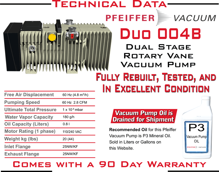 Pfeiffer Balzers Duo 004B Dual Stage Rotary Vane Vacuum Pump