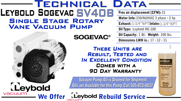 Ideal Vacuum | Leybold Sogevac SV40B SV 40B Single Stage Rotary Vane ...