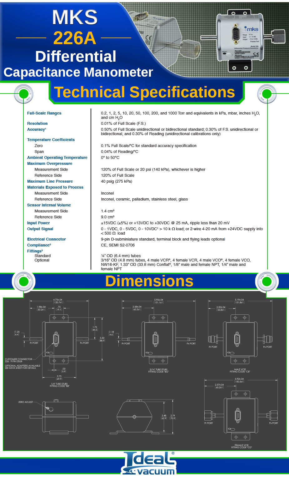 Ideal Vacuum | MKS 226A, 10 Torr, Differential Pressure Transducer ...