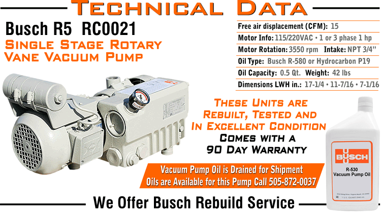 Ideal Vacuum Busch R Rc Rc Single Stage Rotary Vane Vacuum Pump Used Rebuilt Refurbished